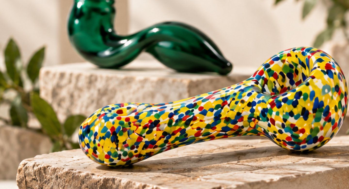 Hand-blown confetti glass pipe on stone